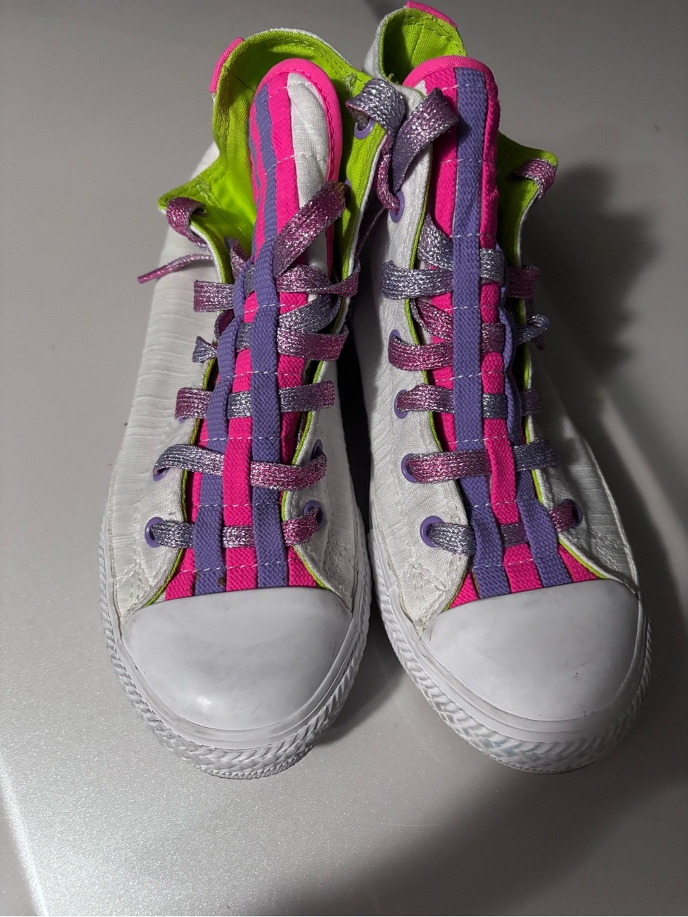 Converse White High-Top Sneakers with Pink, Purple & Neon Green Accents